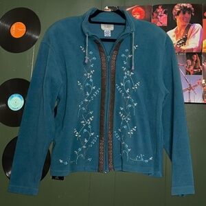 Y2K granola girl blue/ green floral embroidered zip up fleece jacket